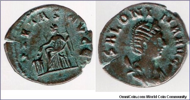 Salonina
Billon Antoninianus
Diademed and draped bust right on crescent  
Pietas seated left extending a hand to two children
Rome mint 