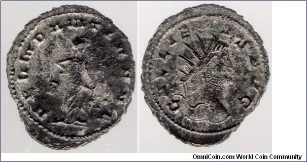 253 - 268ad Gallienus
Billon Antoninianus
Radiated bust  
Abundantia emptying a cornucopiae.  
some silvering