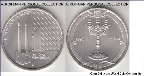KM-238, Israel 1992 new sheqel, silver, plain edge; matte finish high grade uncirculated specimen, Shabbat Candles of the Judaic art series, mintage 5,564, 6 point star mint mark in the field.