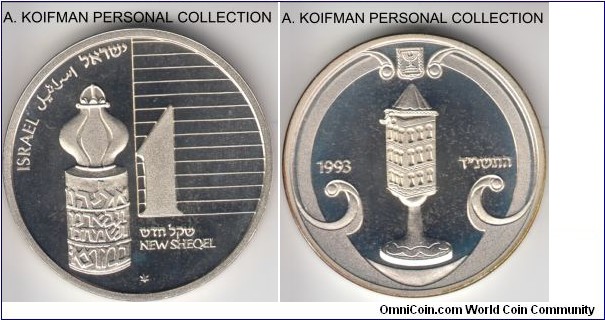 KM-250, Israel 1993 new sheqel; silver, plain edge; proof like (really deep cameo) finish high grade uncirculated specimen, Havdalah Spicebox of the Judaic art series, mintage 3,288, 6 point star mint mark in the field.