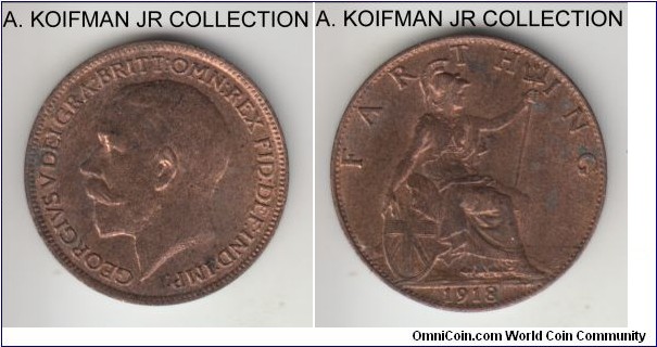 KM-808.2, 1918 Great Britain farthing; bronze, plain edge; George V, appear not to be blackened as earlier farthing both types were minted in 1918), red brown uncirculated or almost.