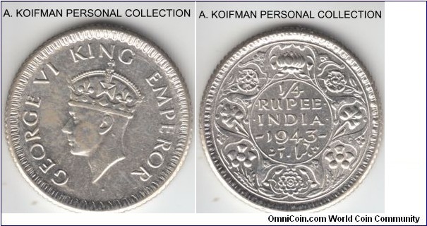 KM-547, 1945 British India 1/4 rupee, Bombay mint (dot on obverse under the bust); silver, reeded edge; average uncirculated or almost, bag marks, toning and unusual matte finish on obverse, but reverse is almost pristine.