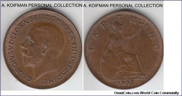 KM-825, 1932 Great Britain farthing; bronze, plain edge; hardly any wear seen on obverse, reverse is wearly struck, probably a good extra fine or better.