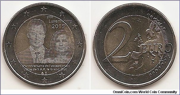2 Euro
KM#NEW
8.5000 g., Bi-Metallic Nickel-Brass center in Copper-Nickel ring, 25.75 mm. Subject : 15th anniversary of the accession to the throne of H.R.H. the Grand Duke Obv: The coin depicts their Royal Highnesses Grand Duke Henri and the Grand Duchess. The year of accession ‘2000’, the issuing country ‘Luxembourg’ and the year mark ‘2015’ appear above them. Below them appears the inscription ‘15e anniversaire de l’accession au trône de S.A.R. le Grand-Duc’ (15th anniversary of the accession to the throne of H.R.H. the Grand Duke). The coin’s outer ring depicts the 12 stars of the European flag. Rev: Large value at left, modified outline of Europe at right. Edge: Reeded with 2 and ** repeated six times. Rev. designer: Luc Luycx