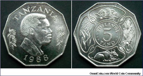 Tanzania 5 shillings.
1988, President Ali Hassan Mwinyi.