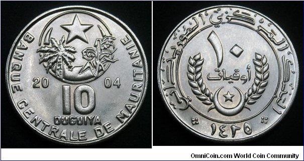 Mauritania 10 ouguiya.
2004, Nickel plated steel.