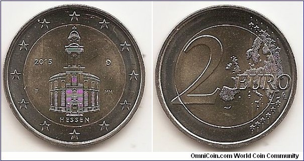 2 Euro
KM#336
8.5000 g., Bi-Metallic Nickel-Brass center in Copper-Nickel ring, 25.75 mm. Subject : Hessen from the 'Lander' series Obv: The design depicts a classic perspective on St. Paul’s Church in Frankfurt (the ‘Paulskirche’ was the seat of Germany’s first freely elected legislative body in 1849 and is regarded as the cradle of German democracy) and is therefore the perspective possessing the greatest recognition value. The design incisively brings out the tension between the dominant tower and the elliptical structure of the church. The slightly exaggerated flight of steps has an inviting quality while simultaneously offering support to the subjacent inscription ‘HESSEN’ (the Federal State of Hessen in which St. Paul’s Church is situated).The inner part also features the year ‘2015’ and the mint mark of the respective mint (‘A’, ‘D’, ‘F’, ‘G’ or ‘J’) at the left side as well as the issuing country’s indication ‘D’ and the engraver’s mark (the initials ‘HH’ — Heinz Hoyer) at the right side. The coin’s outer ring depicts the 12 stars of the European flag. Rev: Large value at left, modified outline of Europe at right. Edge: Reeded with EINIGKEIT UND RECHT UND FREIHEIT. Obv. designer: Heinz Hoyer Rev. designer: Luc Luycx