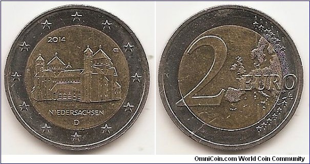 2 Euro
KM#334
8.5000 g., Bi-Metallic Nickel-Brass center in Copper-Nickel ring, 25.75 mm. Subject : Niedersachsen from the ‘Lander’ series Obv: The desigh shows the Church of St. Michael in Hildesheim, Lower Saxony which has been on the Unesco World Cultural Heritage list since 1985. At the top the year of issuance ‘2014’ and at the left the mintmark (A, D, F, G, J). At the bottom, the inscription ‘NIEDERSACHSEN’ and underneath the indication of the issuing country ‘D’. At the top right, the initials of the engraver OE (Ott Erich). The coin’s outer ring bears the 12 stars of the European Union. Rev: Large value at left, modified outline of Europe at right. Edge: Reeded with EINIGKEIT UND RECHT UND FREIHEIT. Obv. designer: Erich Ott Rev. designer: Luc Luycx
