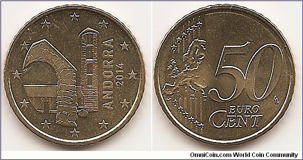 50 Euro cent
KM#525
7.8000 g., Brass, 24.25 mm. Obv: coins show the Romanesque church of Santa Coloma.  Rev: Large value at right, modified outline of Europe at left. Edge: Shaped with fine scallops (50 scallops) Rev. designer: Luc Luycx