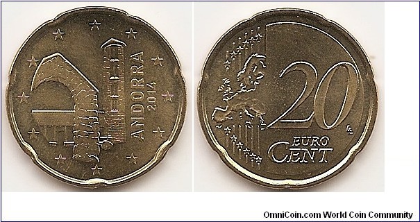 20 Euro cent
KM#524
5.7400 g., Brass, 22.25 mm. Obv: coins show the Romanesque church of Santa Coloma. Rev: Large value at right, modified outline of Europe at left. Edge: Spanish flower shape. Rev. designer: Luc Luycx