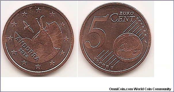 5 Euro cent
KM#522
3.9200 g., Copper Plated Steel, 21.25 mm. Obv: coins show a Pyrenean chamois and a golden eagle. Rev: Large value at left, globe at lower right. Edge: smooth. Obv. designer: Ruben da Silva Rev. designer: Luc Luycx