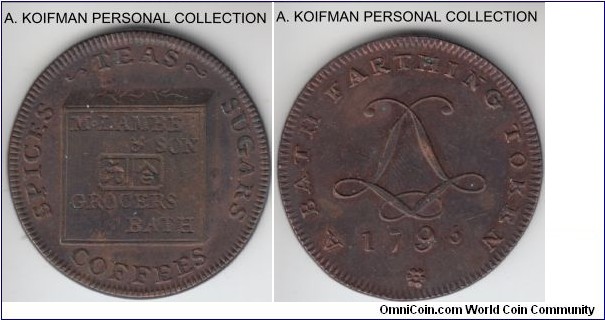 D&H-112a, 1795 Great Britain farthing; bronze, plain edge; BATH, brown about uncirculated or better.