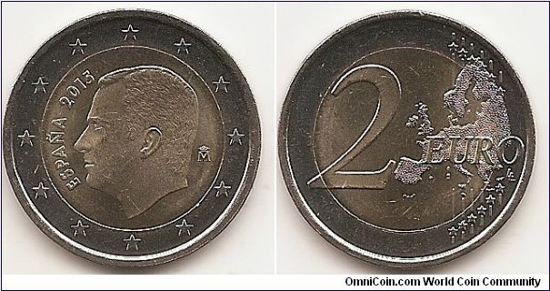 2 Euro
KM#1328
8.5000 g., Bi-Metallic Nickel-Brass center in Copper-Nickel ring, 25.75 mm. Ruler: Felipe VI Obv: King's portrait. The coin’s outer ring bears the 12 stars of the European Union. Rev: Large value at left, modified outline of Europe at right. Edge: Reeded with 2 and ** repeated six times. Rev. designer: Luc Luycx