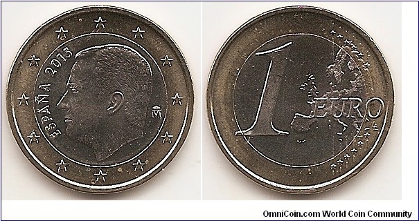 1 Euro
KM#1327
7.5000 g., Bi-Metallic Copper-Nickel center in Nickel-Brass ring, 23.25 mm. Ruler: Felipe VI Obv: King's portrait. The coin’s outer ring bears the 12 stars of the European Union. Rev: Large value at left, modified outline of Europe at right. Edge: Segmented reeding. Rev. designer: Luc Luycx