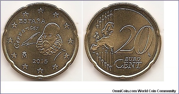20 Euro cent KM#1148 5.7400 g., Brass, 22.25 mm. Ruler: Felipe VI Obv: bust of Miguel de Cervantes, author of Don Quixote of La Mancha, a masterpiece of Spanish and world literature. Rev: Relief map of Western Europe, stars, lines and value Edge: Notched Obv. designer: Begoña Castellanos Garcia Rev. designer: Luc Luycx