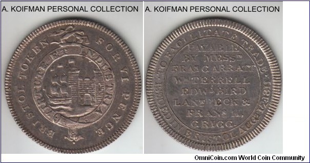 Great Britain 6 pence token; silver, diagonally milled edge; Bristol, good extra fine or better.