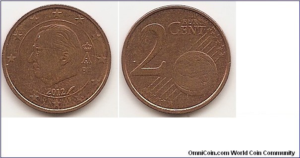 2 Euro cent
KM#275
3.0300 g., Copper Plated Steel, 18.75 mm. Ruler: Albert II Obv: an effigy of King Albert II, 2008 redesign included the letters BE (standing for Belgium) beneath the monogram, which was moved out of the stars into the centre circle but still to the right of the King's portrait. The date was also moved out and placed beneath the effigy and included two symbols either side (left: signature mark of the master of the mint, right: mint mark). Rev: Value and globe Edge: Grooved Obv. designer: Jan Alfons Keustermans Rev. designer: Luc Luycx