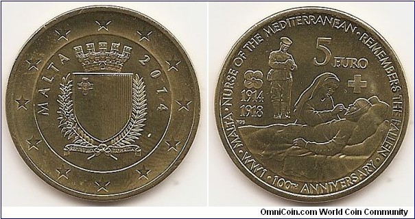 5 Euro
KM#161
10.5000 g., Brass, 30 mm. Obv: depicts the Coat of arms of Malta, which includes the Maltese flag and a mural crown of fortifications symbolising a city state. Shield of the arms is bound by an olive branch and a palm branch as Maltese symbols of peace, tied at their base by a ribbon reading “Repubblika ta’ Malta” (Republic of Malta). The name Malta sits round the upper left inner edge and the year in a similar fashion on the right. Rev:  features a nurse administering medication to a wounded soldier. This recalls the humanitarian role that Malta played during the First World War with its 27 hospitals and convalescent camps, where thousands of casualties of the war were treated. The reverse of the coin also features a soldier and a poppy which is the evocative symbol of remembrance of all soldiers who died in the conflict. Edge: plain. Designer: Noel Galea Bason 