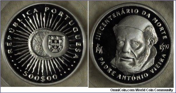 KM-701a, 1997 Portugal 500 escudos; proof, silver, plain edge; commemoration of the 300 years of the death of Padre Antonio Vieira, mintage unspecified, PCGS graded PR69DCAM (#18100317).