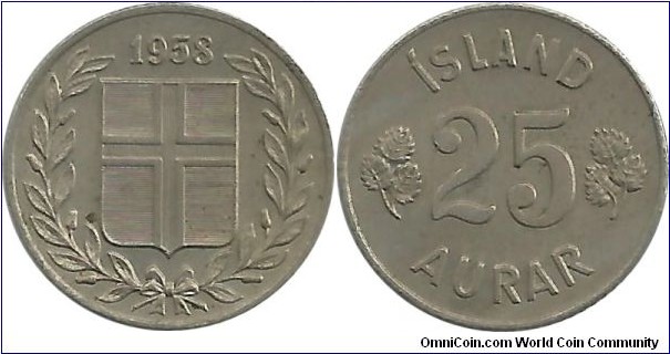 Iceland 25 Aurar 1958