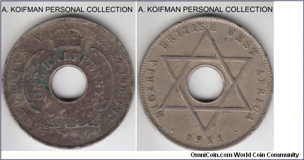 KM-5, 1911 British West Africa half penny, Heaton mint (H mint mark); copper-nickel, plain edge; fine details, obverse corrosion.