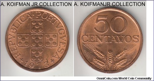 KM-596, 1973 Portugal 50 centavos; bronze, plain edge; common, nice almost fully red uncirculated, just a hint of brown in places, lacquired as was common in old collections.