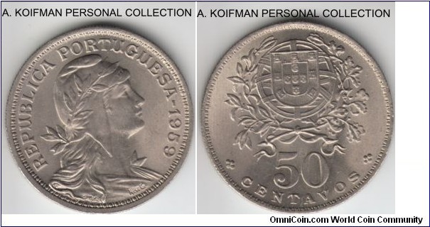 KM-577, 1959 Portugal 50 centavos; copper-nickel, reeded edge; brilliant uncirculated, nice.