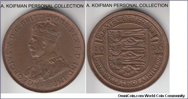 KM-14, 1926 Jersey 1/12'th of a shilling; bronze, plain edge; red brown about uncirculated, this is a second year of the two year issue and a smaller mintage of 83,000.