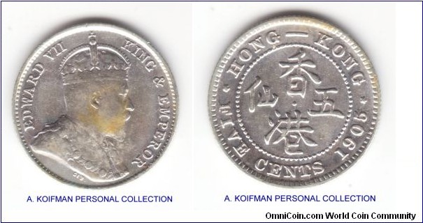 KM-12, Hong Kong 1905 5 cents, Royal Mint issue (no mint mark); silver, reeded edge; good fine, cleaned fine some discoloration.