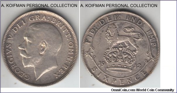 KM-815, 1912 Great Britain 6 pence; silver, reeded edge; good very fine to about extra fine, better at hand, may have been cleaned in the past.
