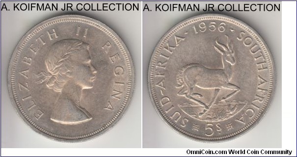KM-52, 1956 South Africa (Dominion) 5 shillings; silver, reeded edge; Elizabeth II, mid-range mintage of 100,000, good extra fine to almost uncirculated.