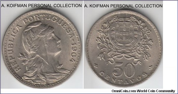 KM-577, 1964 Portugal 50 centavos; copper-nickel, reeded edge; high grade uncirculated, light untoned coin.