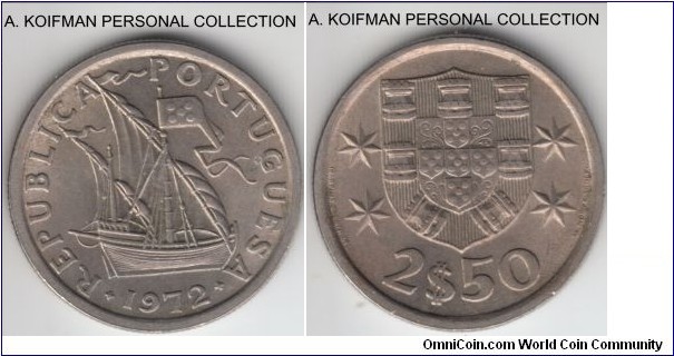 KM-590, 1972 Portugal 2 1/2 escudos; copper-nickel, reeded edge; average uncirculated.
