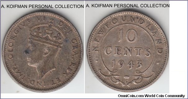 KM-20, 1943 Newfoundland 10 cents, Ottawa mint (C mint mark); silver, reeded edge; very fine or so, soft struck, smaller mintage of just 104,706.
