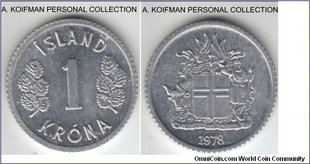 KM-23, 1978 Iceland krona; aluminum, reeded edge; white uncirculated, some spotting.