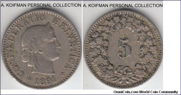 KM-26, 1891 Switzerland 5 rappen; copper-nickel, plain edge; good fine or better.