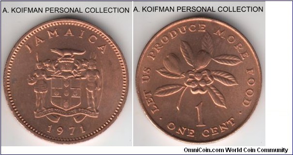 KM-52, 1971 Jamaica cent; bronze, plain edge; FAO first year of the series, small mintage of 20,000, almost completely red uncirculated.