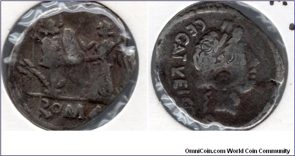 97bc Egnatueleia Quinarius of the Republic Laureate head of Apollo  Victory inscribing shield on trophy