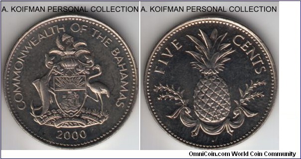 KM-60, 2000 Bahamas 5 cents; copper-nickel, plain edge; about uncirculated, quite bright.