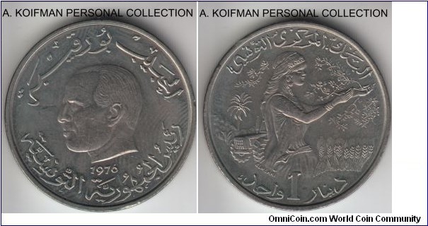 KM-304, 1976 Tunisia dinar; copper-nickel, plain edge; FAO issue, dull toned, few bag marks, otherwise uncirculated.