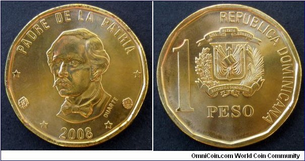 Dominican Republic 1 peso. 2008, Brass plated steel. 