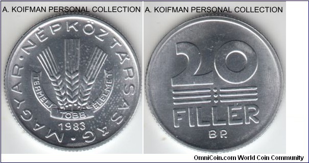 KM-627, 1983 Hungary 20 filler; aluminum, reeded edge; FAO issue, uncirculated, small mintage of 50,000.