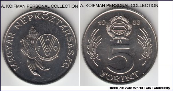 KM-628, 1983 Hungary 5 forint; nickel, reeded edge; FAO issue, uncirculated, small mintage of 50,000.