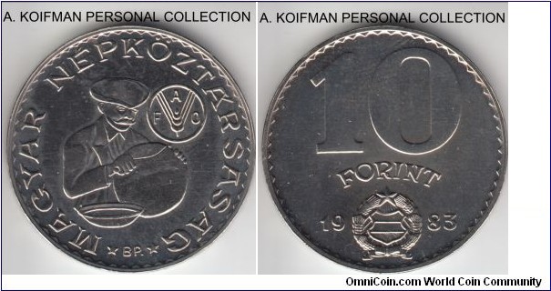 KM-629, 1983 Hungary 10 forint; nickel, ornamented edge; FAO issue, bright white uncirculated (unlike the scan), small mintage of 50,000.