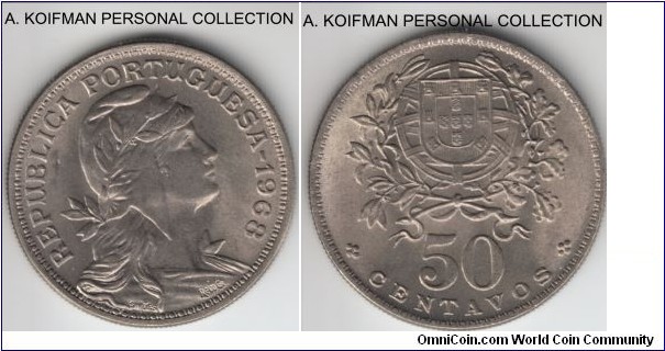 KM-577, 1968 Portugal 50 centavos; copper-nickel, reeded edge; bright white uncirculated.