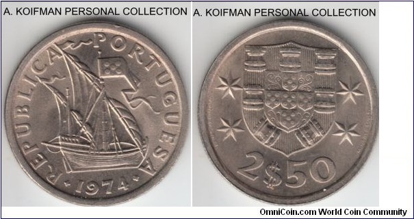 KM-590, 1974 Portugal 2 1/2 escudos; copper-nickel, reeded edge; pleasant uncirculated.