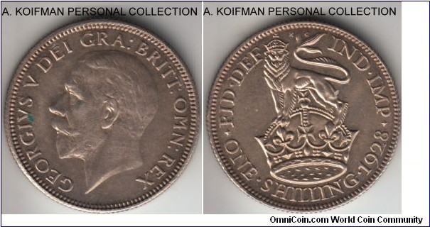 KM-833, 1928 Great Britain shilling; silver, reeded edge; about uncirculated, very light overall toning.