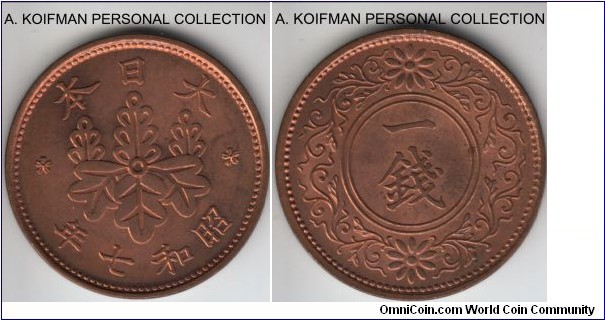 Y#47, Showa Yr.7 Japan sen; bronze, plain edge; mostly red uncirculated, good coin.
