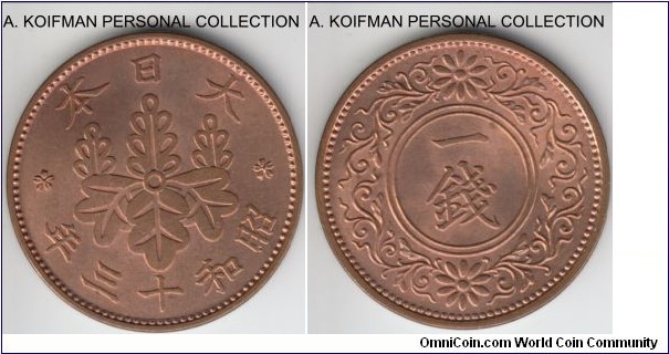 Y#47, Showa Yr.13 Japan sen; bronze, plain edge; nice bright red uncirculated.