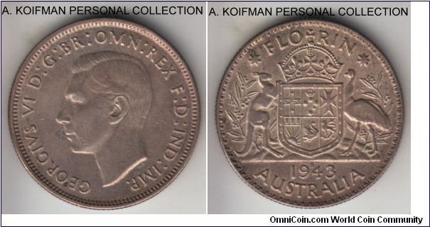 KM-40, 1943 Australia florin, San Francisco mint (S mint mark); silver, reeded edge; good extra fine, nicely toned.